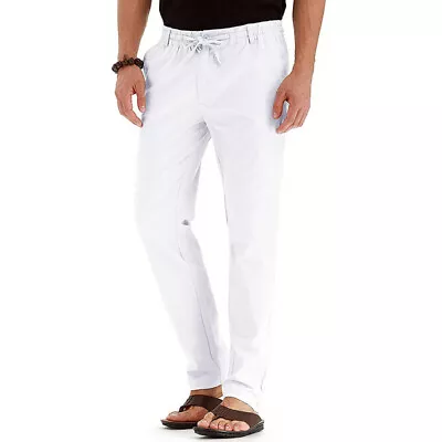 Mens Pants Loose Cotton Linen Straight Pants Elastic Waist Casual Loose Trousers • $16.69