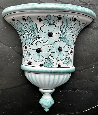 Italian Italy Pottery Hand Painted Wall Pocket / Sconce / Pot Floral White Blue • £11