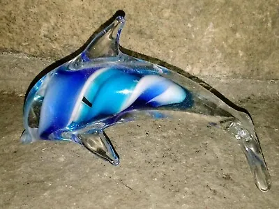 Hand Blown Murano Art Glass Dolphin Figurine Paperweight Blue White Swirl • $8.99