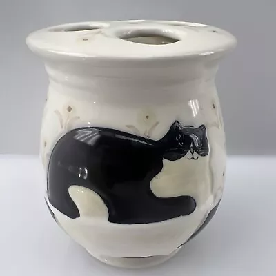 Warren Kimble Black Tuxedo  Cat Bathing Ceramic Toothbrush Holder Flower Accent • $24.95