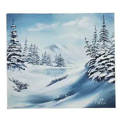 Vintage Landscape Oil Painting On Hardboard Scenic Winter Forest Snow Signed  • $46