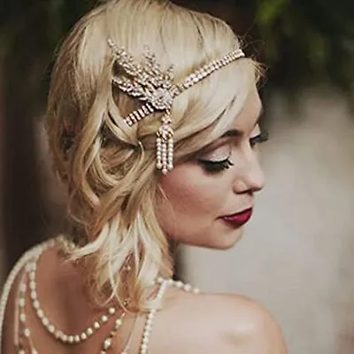 1920's Flapper Headband Leaf Rhiestones Gatsby Headpiece Pearl Tassel Headdress  • $16.42