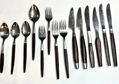 14 Pcs Mid Century Modern Danish Faux Wood Handle Stainless Flatware Mixed Lot • $29.50