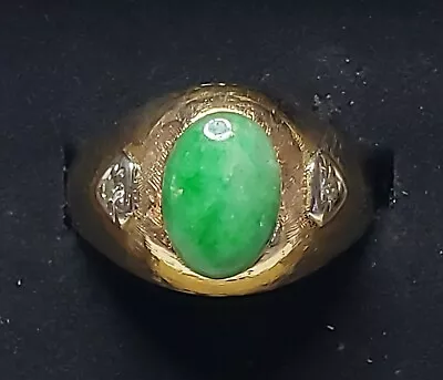 $1248.85 • Buy Men Jade Ring 14K Diamond Jadeite Jade Signet Ring Signed UDKO Size 8.75