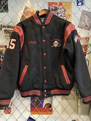 Vintage 90s Rennoc Quilt Lined Varsity Jacket Pirate Hockey M Black USA Made • $24.99