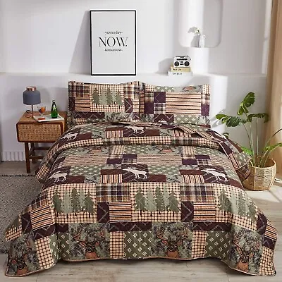 Lodge Bedding Set King Size Rustic Cabin Quilt Set Moose Bear Bedspread Coverlet • $58.22