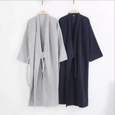 Japanese Yukata Long Bathrobe Men's Cotton Kimono Pajamas Belted Home Gown • £20.15