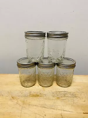 LOT 5 BALL Vintage Jelly Canning Jars 4  Tall Diamond Cut Pattern W/ Lids • $14