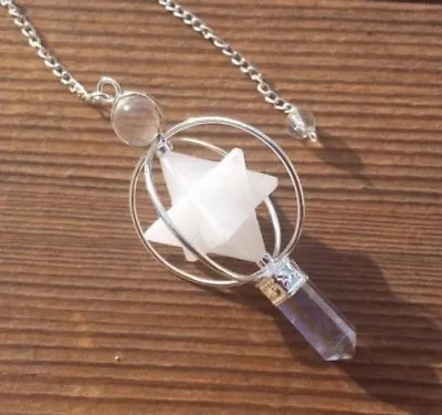 Natural White Agate Gemstone 3 Stone Merkaba Star Spinning Pendulum • £10.21