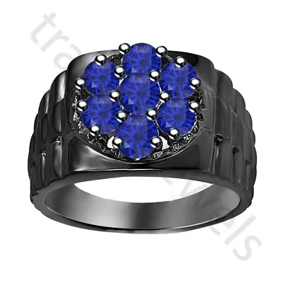 1 Ctw Created Blue Sapphire 14K Black Gold Over Cluster Wedding Band Men's Ring • $98.81