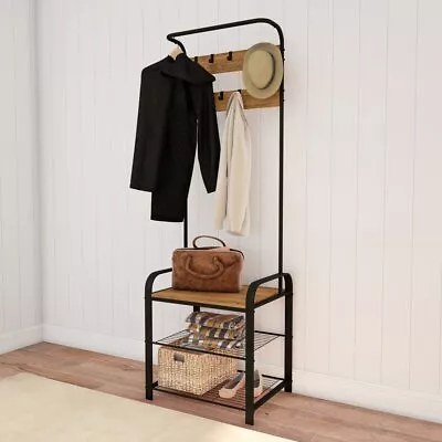 Entryway Coat Rack Metal Hall Tree-Storage Bench 9 Hooks 2 Shelves For Shoes • $98.71