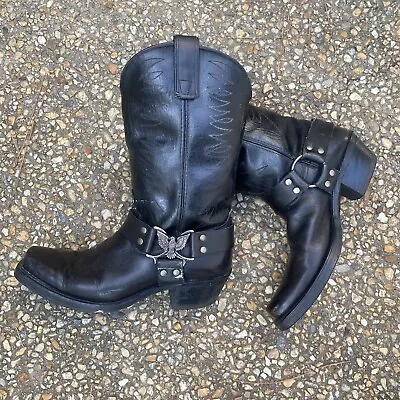 Vintage TEXAS Black Leather Silver Eagle Harness Belted Biker Boots 9.5 Moto • $98