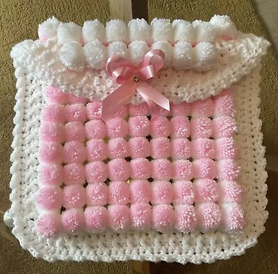 Beautiful Handmade Pom Pom Blanket Car Seat Size Pink /white • £19.99