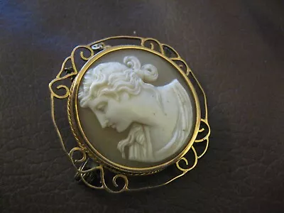 Antique Cameo Brooch In Gold Coloured Metal (gold?)Filligree Frame • £50