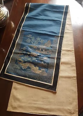 Chinese Oriental Runner Vintage Blue Silk Tapestry Textile Wall Hanging • $24.85