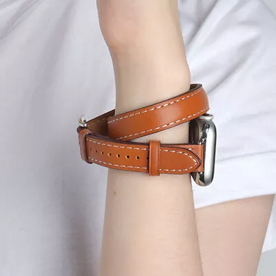 $25.64 • Buy Slim Double Tour Leather Band Strap For Apple Watch 8 7 6 5 4 SE IWatch 42 49mm