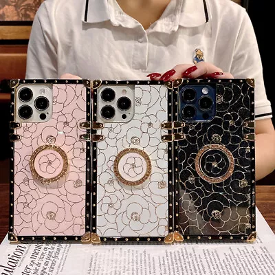 $13.01 • Buy For IPhone 13 12 11 Pro Max XS XR 7 Glitter Bling Gold Flower Square Case W/Ring