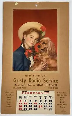 Vintage 1951 Wall Calendar Girl W/ Pig Tails & Dog Gristy Radio Service Texas • $24.35