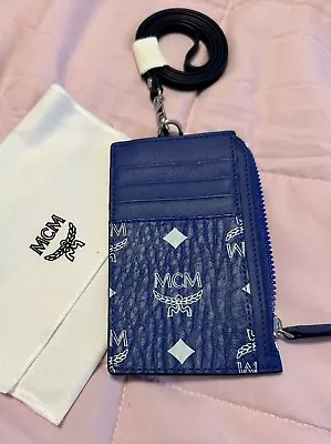 MCM Visetos Blue Card Wallet Lanyard W Leather Strap • $120