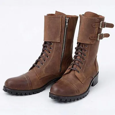 Mens Casual Punk Leather Buckle Mid Calf Boots Retro Combat Military Army Shoes • $37.58