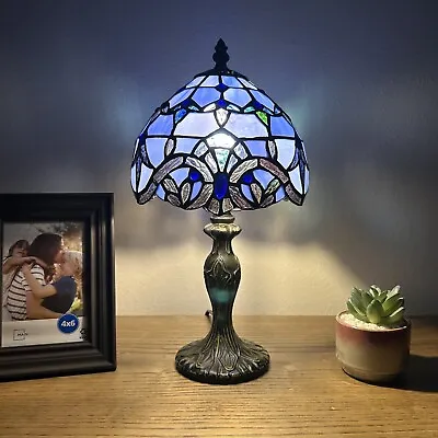 Tiffany Style Mini Table Lamp Blue Stained Glass Baroque Style LED Bulb H14”W8” • $88.99