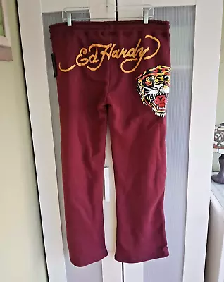 Ed Hardy Y2K Tiger Maroon Red Sweatpants NWT XL Flare Leg • $45