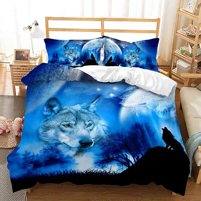 Wolf Moon Starry Sky Animal Print Duvet Cover Quilt Cover Pillowcase Bedding Set • $64.56