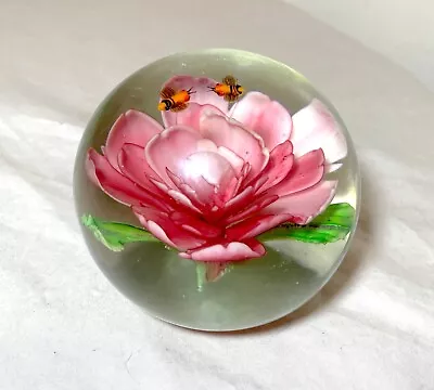 Vintage Hand Blown Art Studio Glass Flower Bee Rose Paperweight Ball Sphere • $198.99