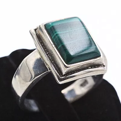 Lovely Vintage 80's Sterling Silver Malachite Rectangular Ring Sz 10.5 • $59