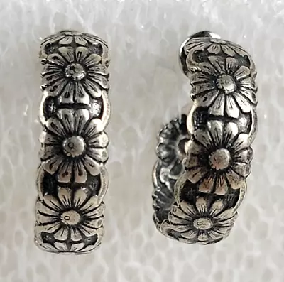 Vintage Sterling Silver Etched Flower Hoop Earrings 0.5  Pierced Not Signed/Mark • $14