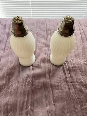 Vintage White Milk Glass Salt And Pepper Shakers With Silver Top. • $18