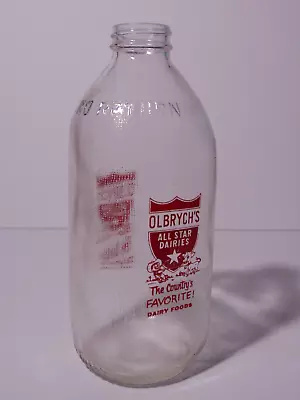 1963 Vtg Olbrych Dairy PYROGLAZE MILK BOTTLE QUART Cowboy Cow Amsterdam New York • $24.49