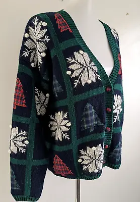 Vtg 90s Christmas Sweater Cardigan Trees Snowflake Applique Blue Not Ugly M VGC • $44.25