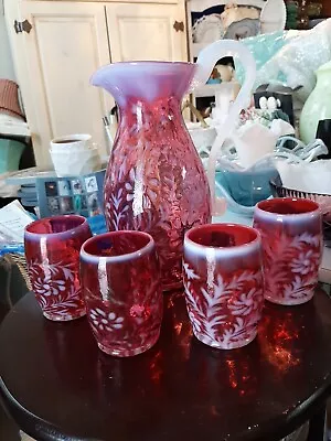 Vintage Fenton Cranberry Opalescent Daisy & Fern Pitcher Set! VERY GORGEOUS 11   • $450