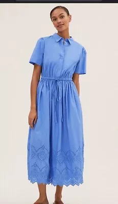 M&S PURE COTTON BRODERIE MIDI SHIRT DRESS Size 16 Long • £27