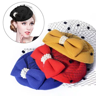 Ladies Vintage Fascinator Hair Pillbox Hat Bowknot Veil Cocktail Party Wedding • $4.41