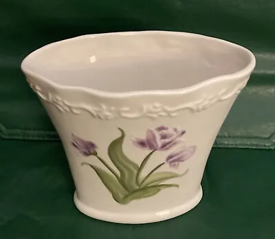 Vintage FTD Purple Tulip Green Leaves Oval Ceramic Vase 5 7/8 X6 1/2x3 1/2  • $22.25