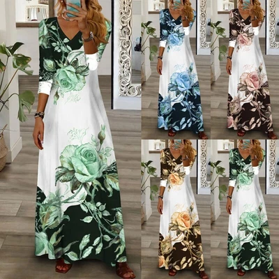 $37.48 • Buy Women 3/4 Sleeve Floral Maxi Dress Ladies Casual Baggy V Neck Holiday Long Dress