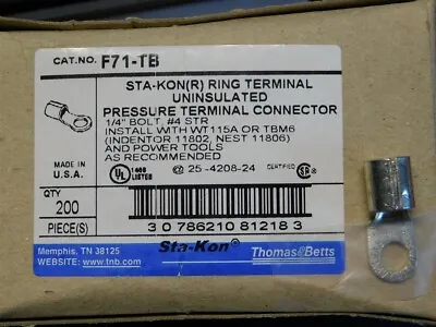 195 Thomas & Betts F71-TB STA-KON Uninsulated Ring Terminals 1/4 Bolt #4 AWG STR • $149.99