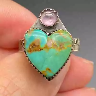 Vintage Southwestern Heart Turquoise Sterling Silver Ring Size 6.75 • $100