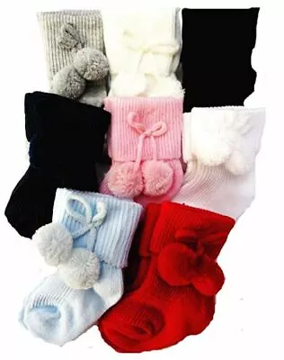 New Infants Baby Girls Boys Pom Pom Bobble Spanish Romany Style Ankle High Socks • £2.95