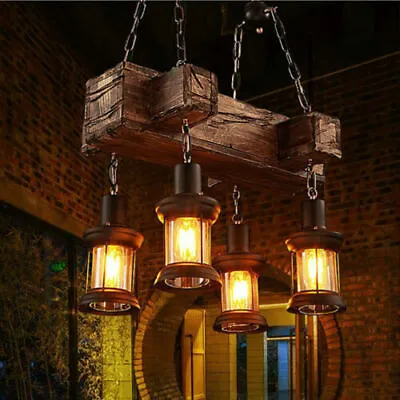 Rustic 4 Heads Chandelier Wood Industrial Ceiling Lamp Pendant Light Fixture USA • $73.15