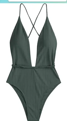 ZAFUL Women’s Ribbed One Piece Swimsuit Deep V Neck Bathing Suit Crisscross Back • $24