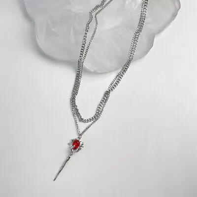 Double Layer Red Zircon Rose Pendant Necklaces Y2K Layered Stone Chain Necklace • $22.60