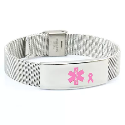 No BP IV Needles Medical ID Pink Ribbon Stainless Steel Mesh Bracelet • $27.97