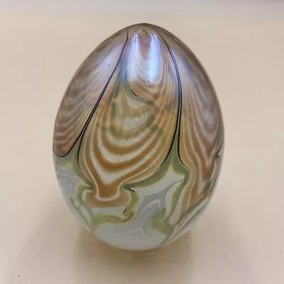 Vintage 1977 Vandermark Studio Glass Feather Pulled Iridescent Egg Paperweight • $175