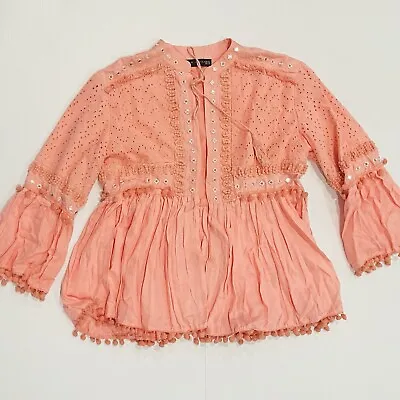 Zara Basics XL Boho Indie Jacket Top Pink Made In India Tassel Embroidered Tie • $35.95