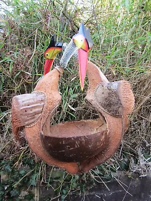 Fair Trade Hand Made Wooden Coconut Bird Hanging Bird Seed Feeder Station • £18.99