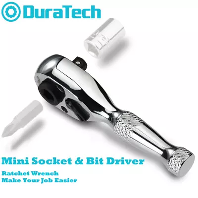 DURATECH 1/4  Stubby Ratchet Wrench Socket Bit Driver 72-Tooth Chrome Plated NEW • $17.09