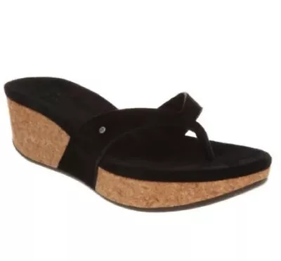 UGG Brooks Suede Casual Thong Wedge Sandals Women Size 7 Comfort Black Comfy • $39